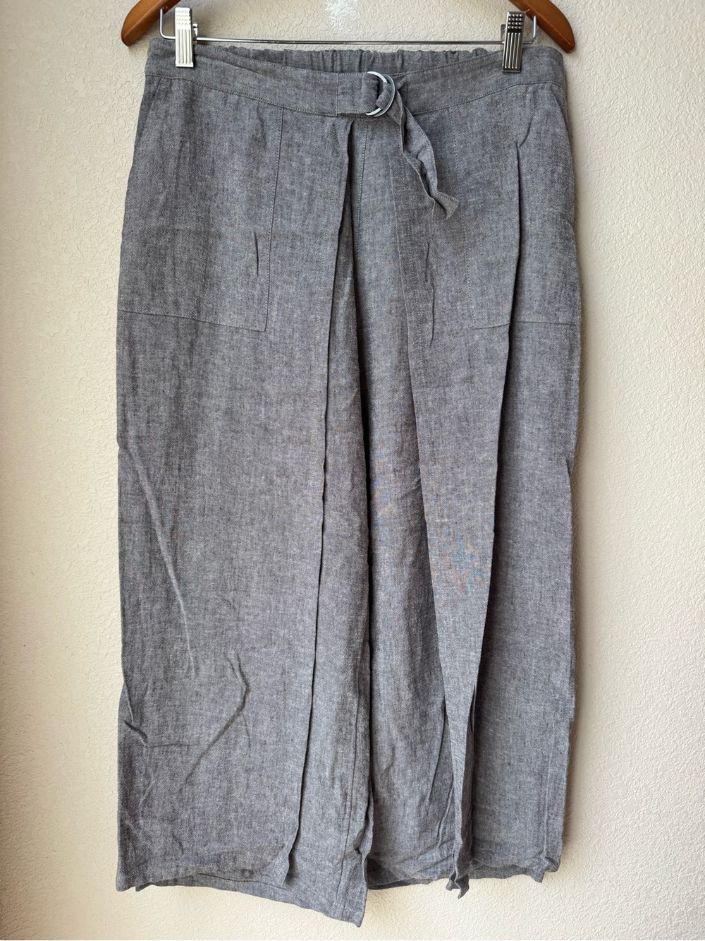 Pure Jill Gray Linen-Blend Wide Leg Pants with Belt